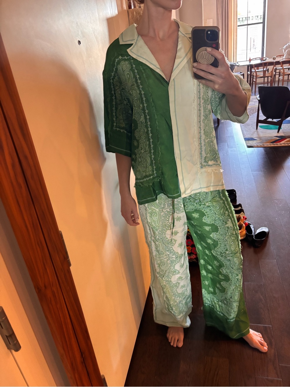 Green Paisley Wide-Leg Lounge Pants — Two-Tone Satin Set